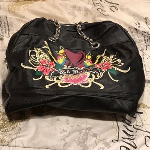 Ed Hardy black leather tote